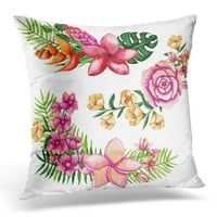Zeleno lišće buketa akvarela sa živopisnim tropskim cvjetovima i palmima napušta ružičastu rajsku jastuk