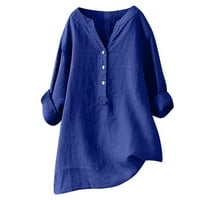 Tdoqot majice s dugim rukavima za žene - tuničke bluze pamučne posteljine casual v-izrez ženske morske