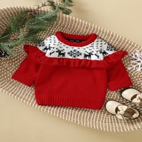 Toddler Baby Girg Božićni džemperi Dugih rukava Okrugli izrez Ruffle Knit Pulover Jumper Tops Xmas Odeća