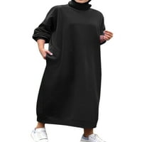 Glonme Ženska dukserska haljina od pune boje duge maxi haljine visoki vrat praznični ležerni rukav crni