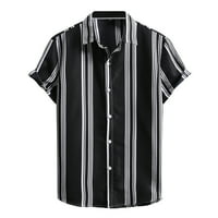 iopqo muške košulje muško ljetno casual trak print s kratkim rukavima Okrenite košulju ogrlicu Black