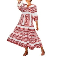 Fsqjgq ljetne haljine cvjetna haljina za žene lisnato rukave Boho V izrez Print dugi haljina labava