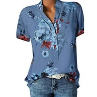Ženska ležerna tiskana košulja s kratkim rukavima V-izrez, pulover labavog bluza, plava, s