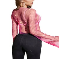 Bagilaanoe Sexy Shiny Top za žene s dugim rukavima Mesh Sheer Majica Clubweard Streetwear Trendy Chic